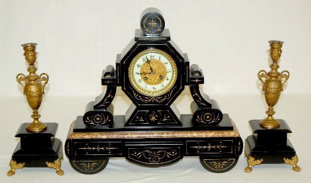 French Marble & Slate 3 Piece Clock Set