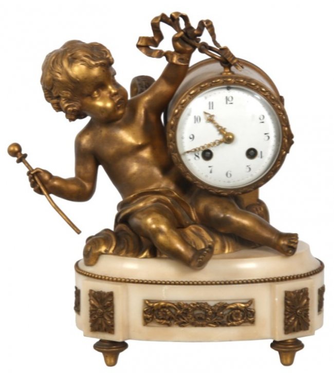 French Figural Marble & Bronze Mantle Clock