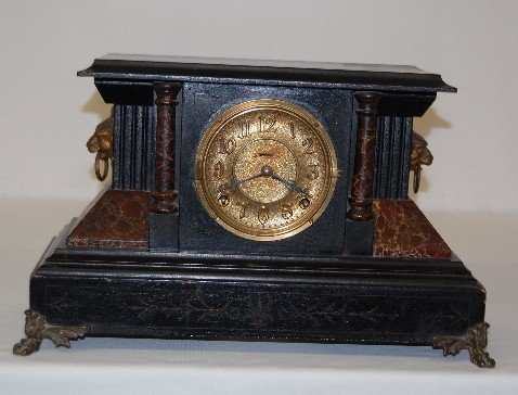 Red Marble and Black Wood Mantel Clock