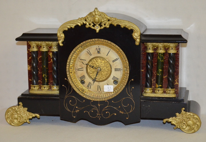 Antique Gilbert Black Enameled and Faux Marble Shelf Clock