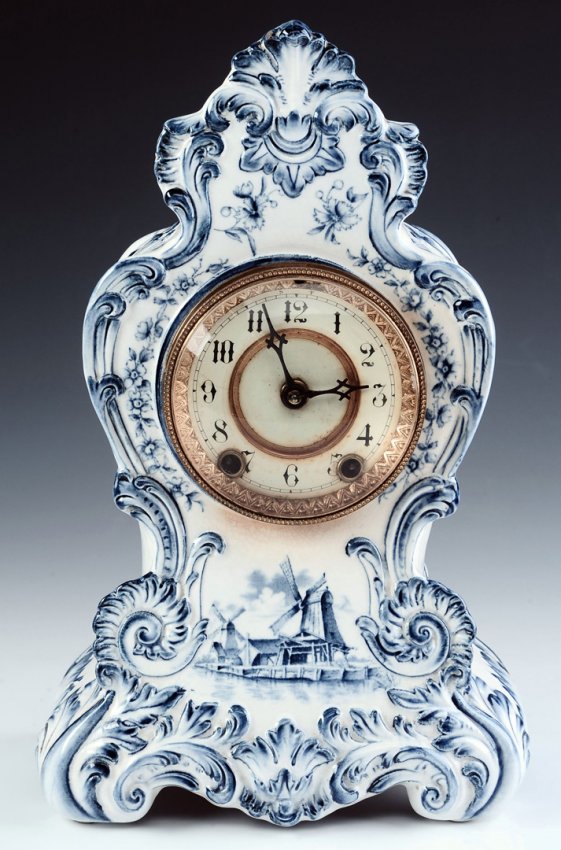 A WATERBURY PARLOR NO. 58 BLUE DELFT CHINA CLOCK