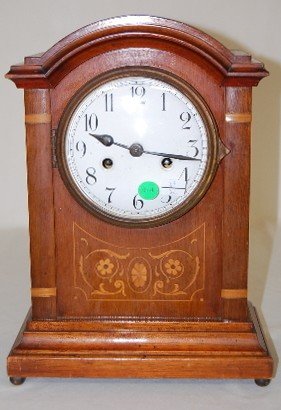 German Inlaid Wood Mantle Clock