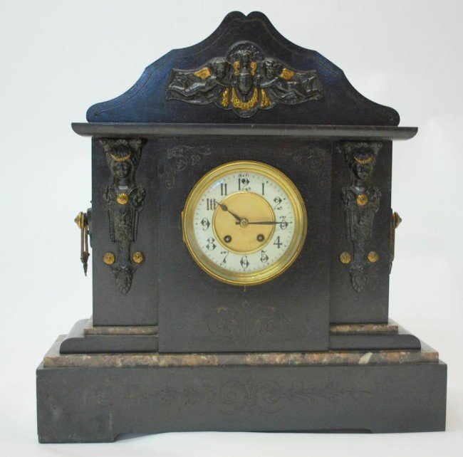 French Marble & Black Slate Mantel Clock