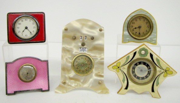 5 Celluloid & Enamel Dresser Clocks