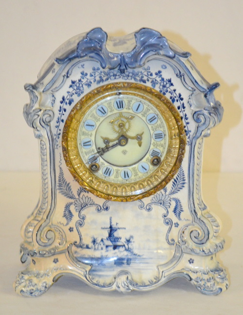 Antique Ansonia “501” Porcelain Clock with Delft Decoration