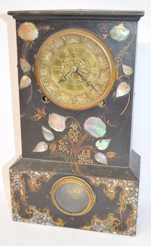 Antique M.O.P. Iron Case Clock with Ansonia Marked Dial