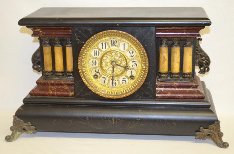 Antique Gilbert Enameled Wood Mantel Clock