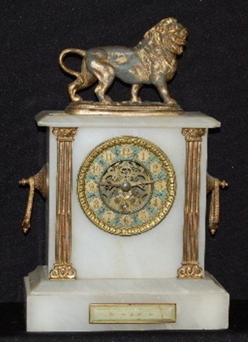 French White Onyx & Metal Lion Statue Clock