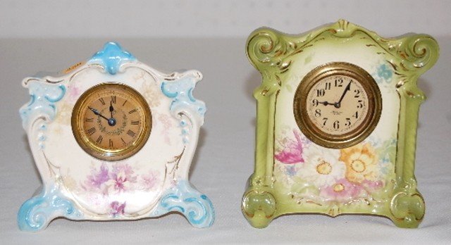 2 Ansonia Royal Bonn Miniature China Clocks