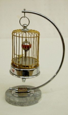 Chrome & Gilded Animated Bird in Cage Clock