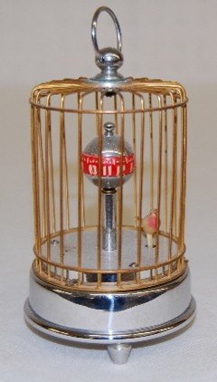Chrome and Gilded Animated Bird in Cage Clock