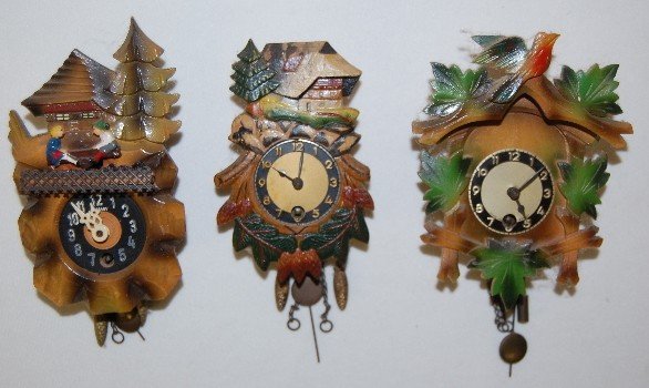 3 Miniature Carved Cuckoo Pendulette Clocks