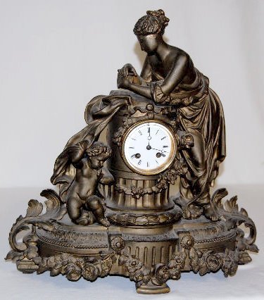 French Statue Clock, White Metal Woman & Child