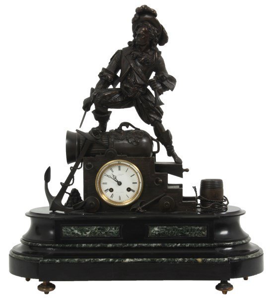 French Marble & Bronze Pirate Mantle Clock