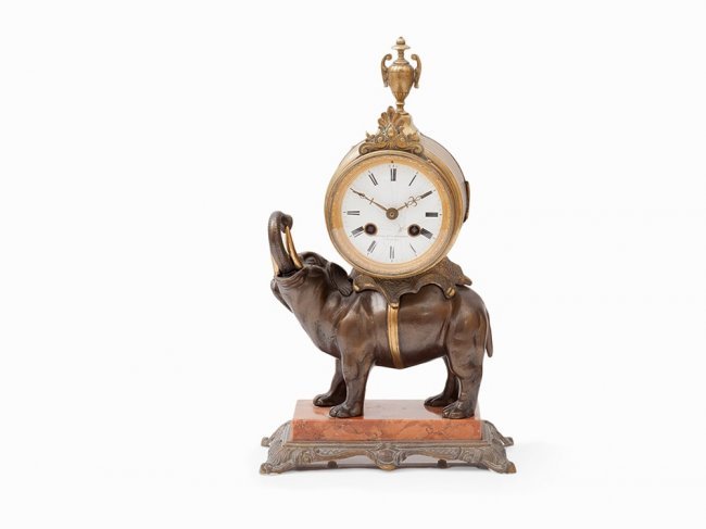 Round Table Clock With Bronze Elephant, Belgium, circa