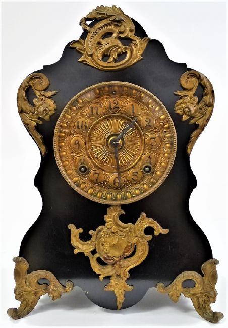 Late 19th century enameled Iron case mantel clock by Ansonia Clock Co