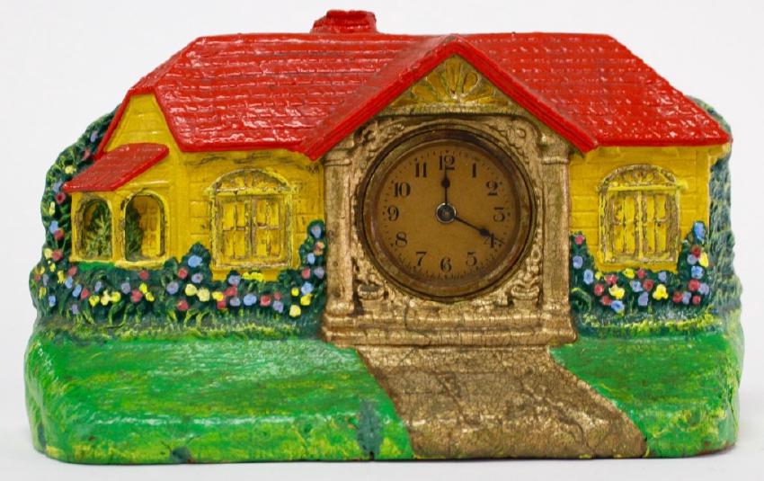 Vintage polychrome painted composition bungalow clock by The De Luxe Clock & Mfg. Co