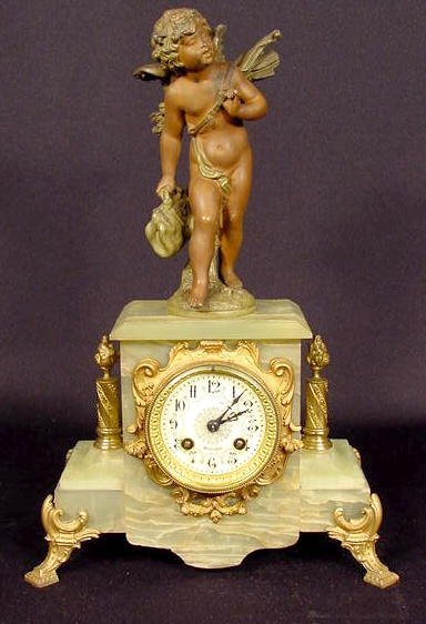 French Green Onyx & Spelter Clock w/Cherub