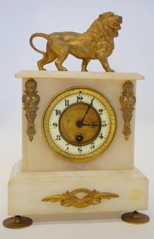 White Onyx Figural Lion Clock