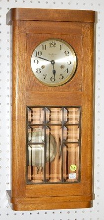 German Max Bohnel Beveled Glass Oak Box Clock