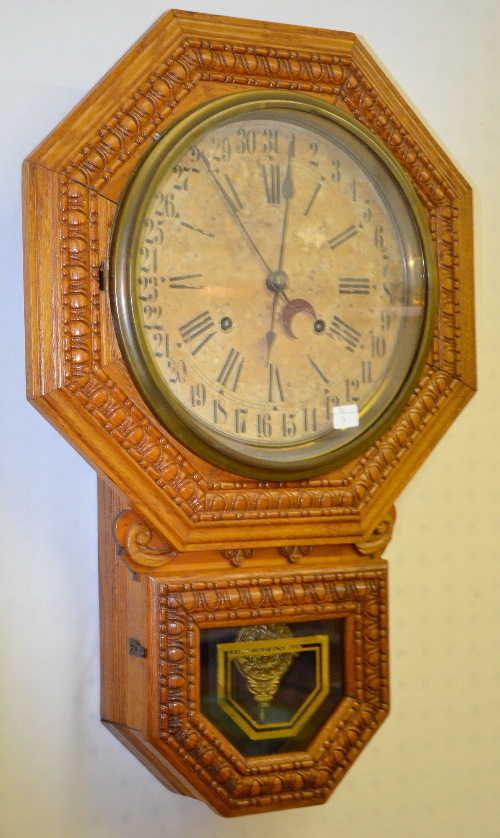 Antique Ingraham Octagon Short Drop Oak Calendar Clock