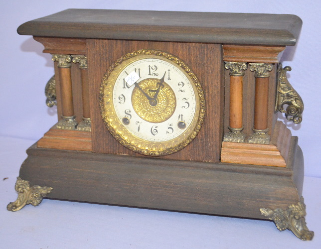Antique Ingraham Wood Case Pillar Mantle Clock