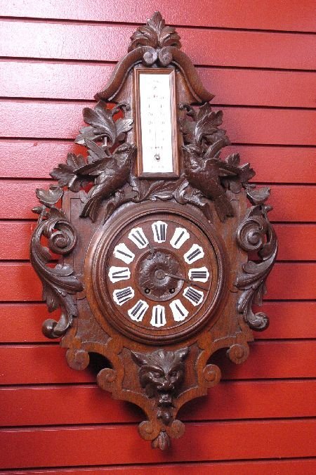 BLACK FOREST CARVED WALNUT CLOCK WITH THERMOMETER