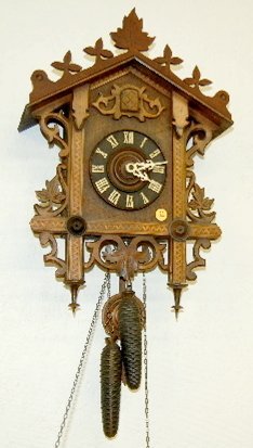 Carved Inlaid German 2 Weight Cuckoo Clock
