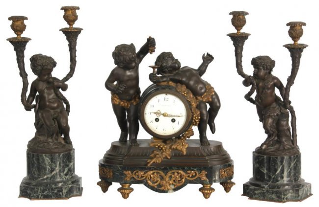 Tiffany & Co. 3 Pc. Marble & Bronze Clock