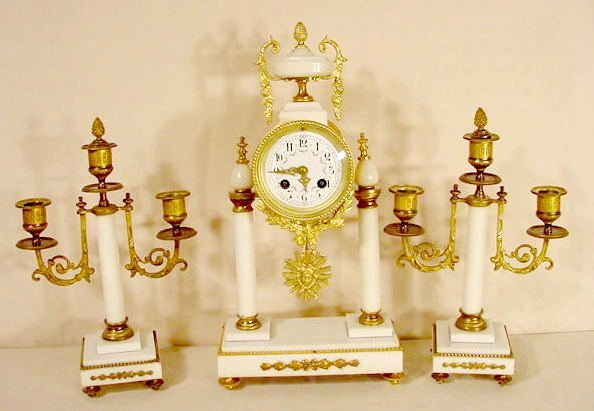 3 pc French Clock Set in Bronze & Alabaster