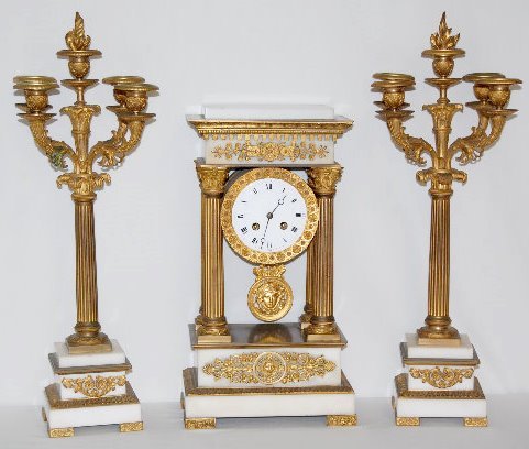 French Empire Bronze & Marble Clock Garniture Set
