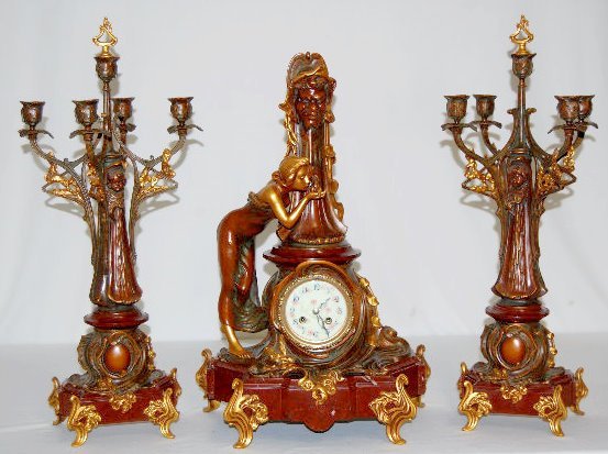 Ansonia/Vincenti 3 Piece Clock Set, “Fountain”