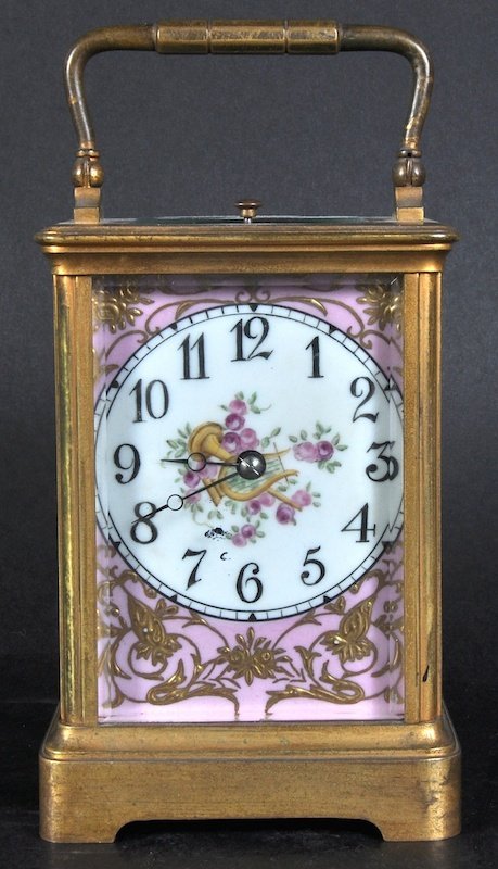 A BRASS SEVRES-TYPE PORCELAIN CARRIAGE CLOCK. 6 inches