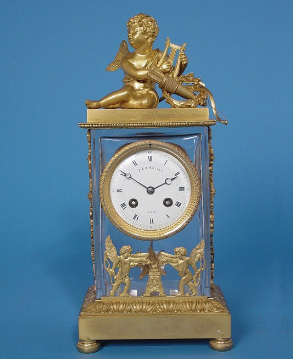 French Japy Freres Dore’ Bronze & Crystal Mantle Clock