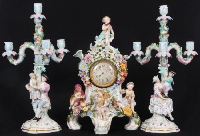 3 Pc. Meissen Porcelain Clock Set