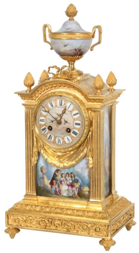 Gilt Bronze Mantle Clock w/ Porcelain Inserts