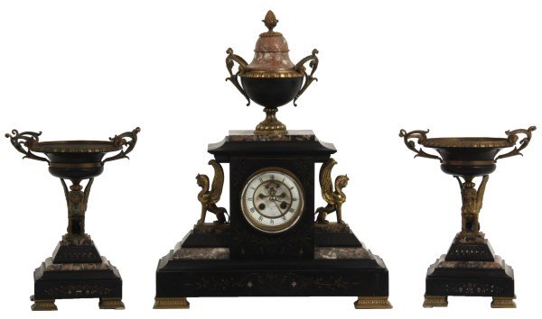3 Pc. Marble & Bronze Egyptian Revival Clock Set