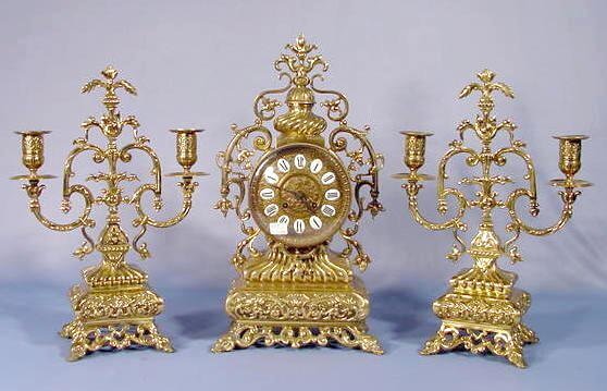 French Brass Clock and Candelabra Set