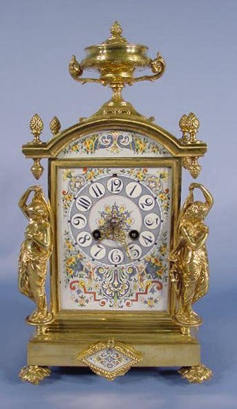 French Figural Bronze & Painted Porcelain Clock