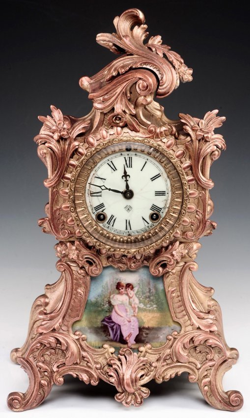 AN ANSONIA ‘TRIANON’ FRENCH STYLE CLOCK WITH PORCELAIN