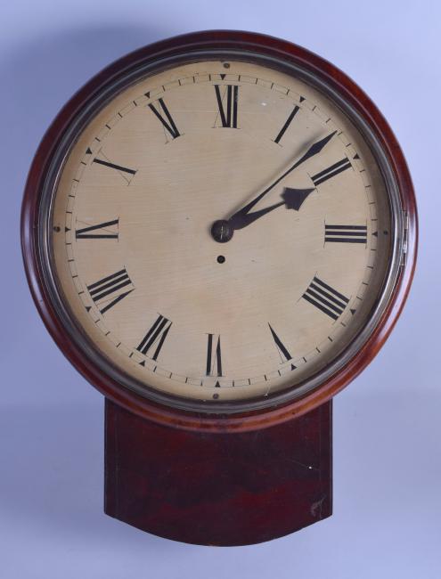 A LARGE MAHOGANY DROP DIAL FUSEEE WALL CLOCK with large