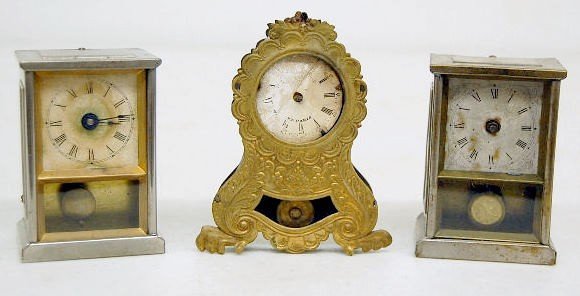 3 Miniature Antique Metal Case Novelty Clocks