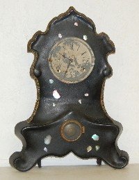 Antique Iron Front Shelf Clock, Abalone Inlay