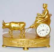 French Dore Oxen Pulling Lady in Cart Desk Clock