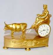 French Dore Oxen Pulling Lady in Cart Desk Clock