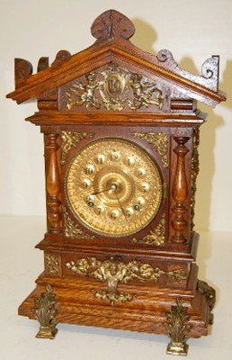 Ansonia Cabinet “C” Clock, Oak w/ Metal Trim