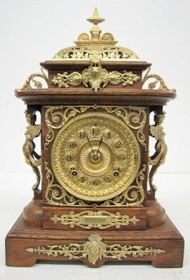 Ansonia Cabinet “E” Clock, Oak W/ Metal Trim