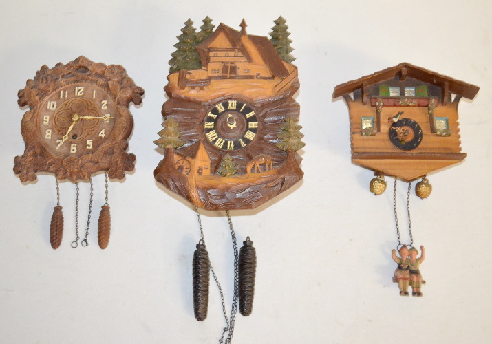 3 Antique Cuckoo Clocks, Black Forest Carved and Others