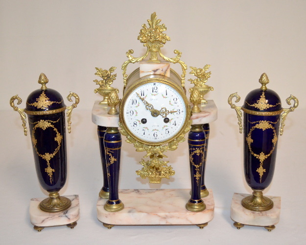 Antique French “LeRoy Paris” Portico Garniture Clock Set