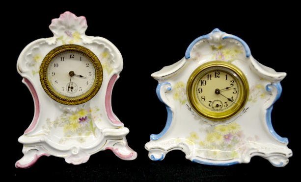 2 Miniature Key Wind China Clocks, New Haven +